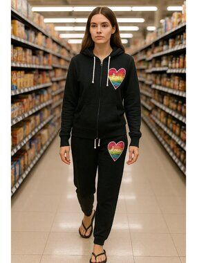 Mossimo Target Black Rainbow Heart Hoodie & Sweatpants Set L/M Cotton Blend